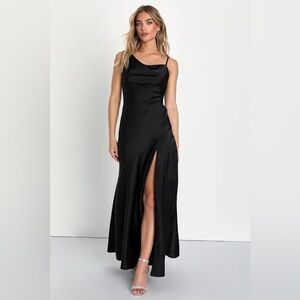 Black Satin Asymmetrical Maxi Dress